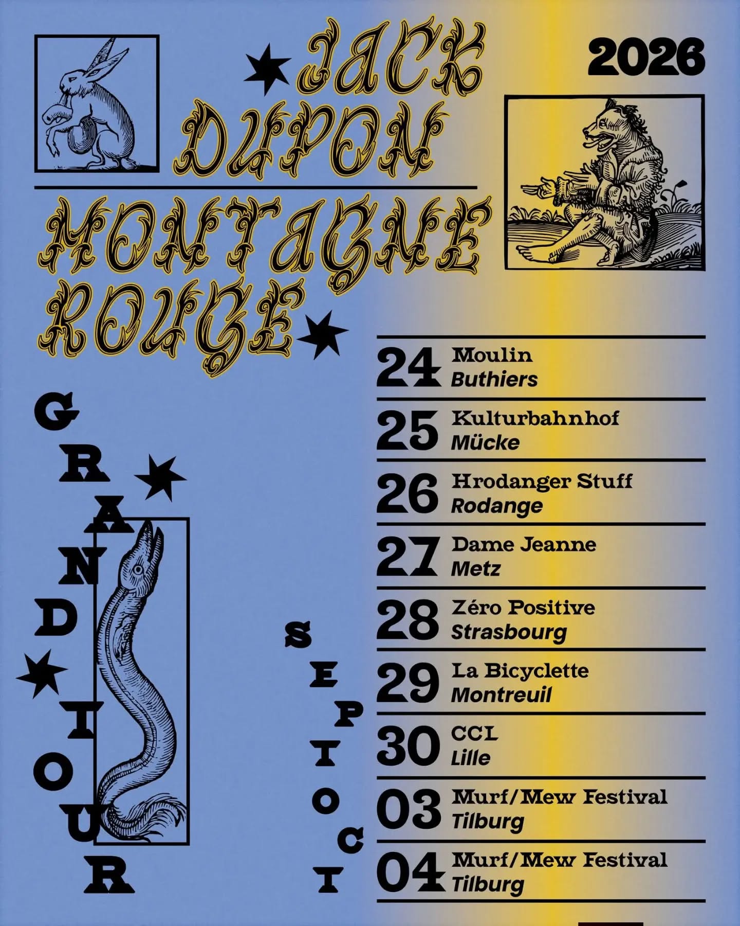Affiche de la tournée Grand Tour 2026 de Jack Dupon et Montagne Rouge